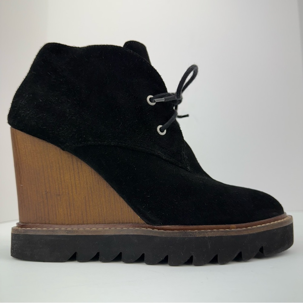 BCBGeneration size 9.5 Women’s Black Suede Leather Lace Up Wedge Booties